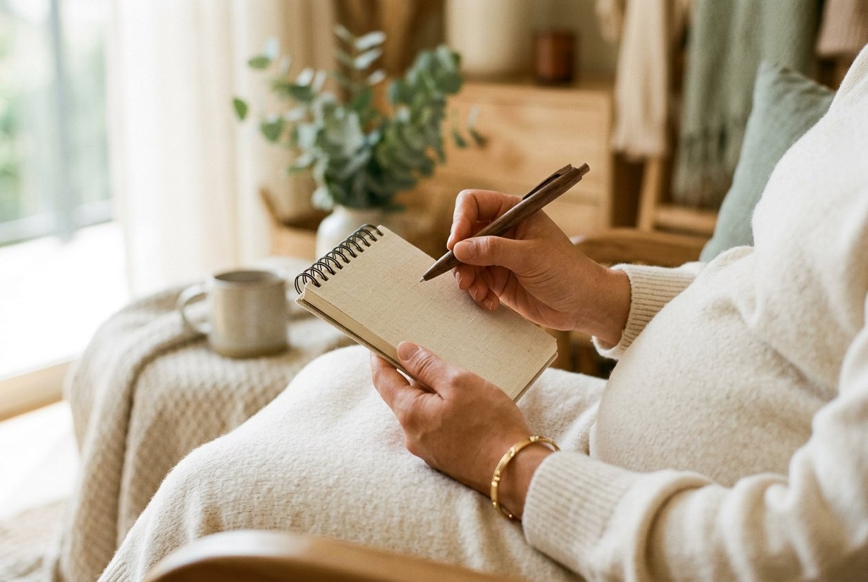 Pregnant woman writing questions in notepad before scan appointment