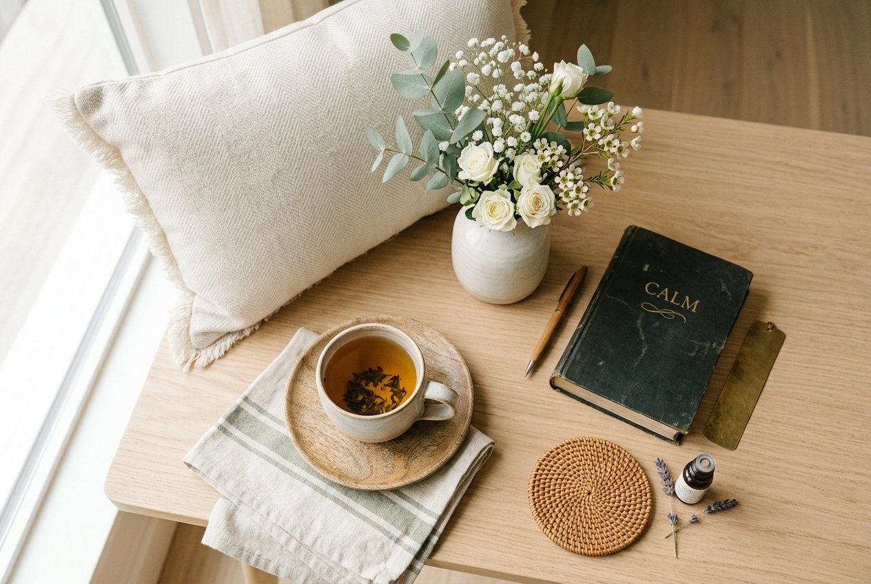 Calm waiting room corner with white flowers and herbal tea
