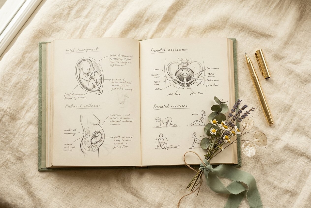 Medical handbook with prenatal education notes and botanicals