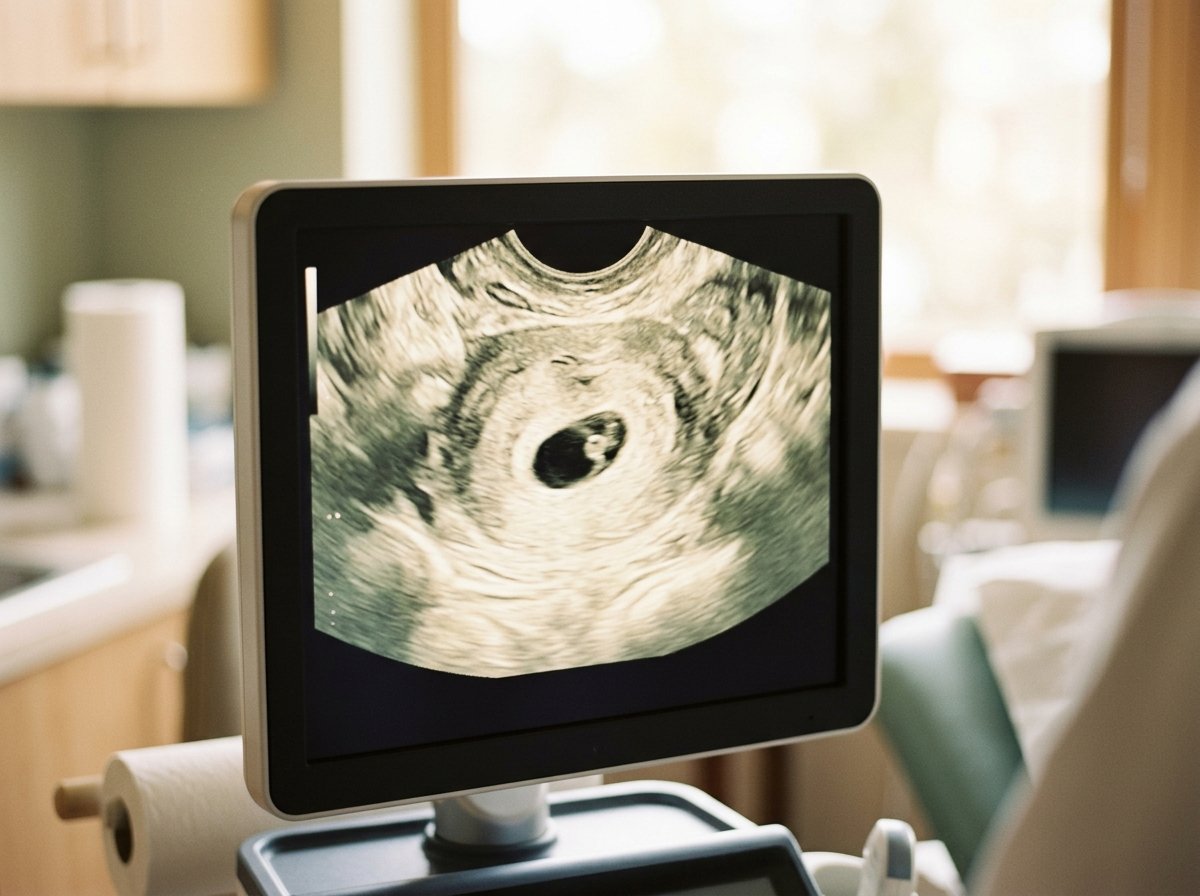 Early viability ultrasound scan showing gestational sac on monitor